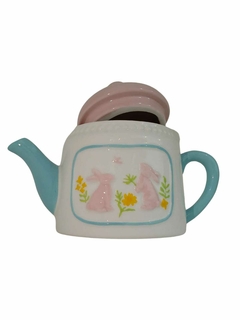 Bule Páscoa Branco com rosa e azul turquesa Cerâmica 21 cm na internet