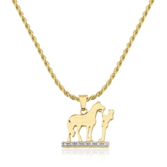 COLAR CORDÃO BAIANO 45CM PINGENTE MULHER/CAVALO CRAVEJADO