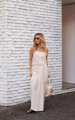 CONJ. TOP COM DREPEADO LINHO E SAIA MIDI