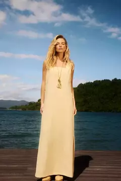 VESTIDO LONGO BORDADO CONCHA LINHO NATURAL