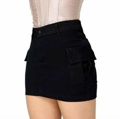 Saia Jeans Feminina Cargo Sarja Bolso Lateral Cos Alto - comprar online