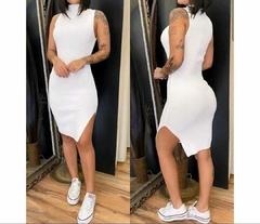 Vestido Feminino Midi Com fenda Lateral Malha Canelada