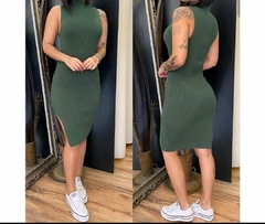 Vestido Feminino Midi Com fenda Lateral Malha Canelada na internet