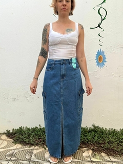 Saia longa jeans cargo cintura alta * NOVA nº 36/38 ou 40/42 na internet