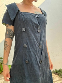Vestido social gola U com manga curta azul * G - 100 Mofo Garimpos