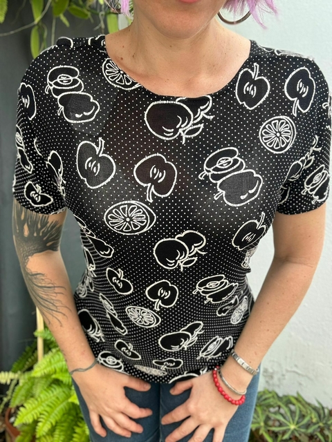 Blusa divertida frutas vintage preta * M/G