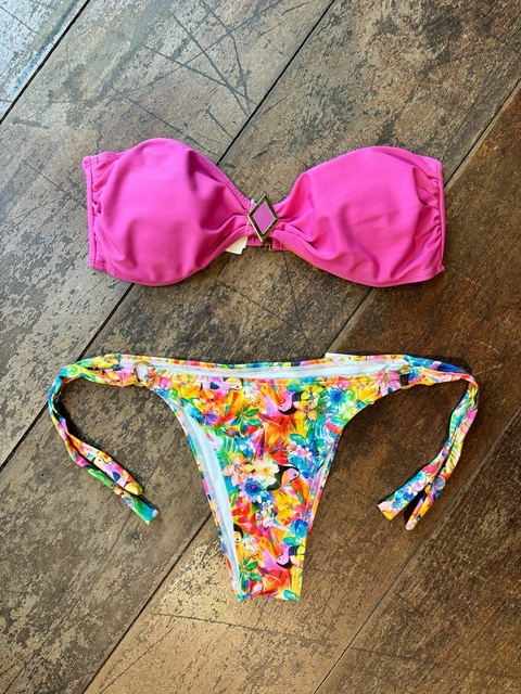 Biquíni tomara que caia rosa floral multicolorido * g