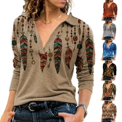 Blusa feminina vintage elegante 2021 outono moda sexy zíper decote em v manga c - comprar online