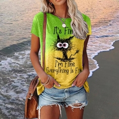 Camiseta de gato de verão para mulheres camiseta tamanho grande gola redonda pu - matheus modas e utilidades
