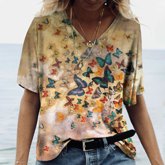 2022 Nova Camiseta Feminina de Verão com Impressão 3D, Pintura, Casual, Cor So