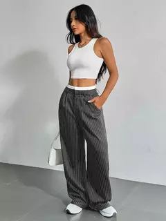 Calças estampadas listradas, moda feminina, cintura alta, perna reta, com bolso