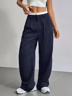 Calças estampadas listradas, moda feminina, cintura alta, perna reta, com bolso
