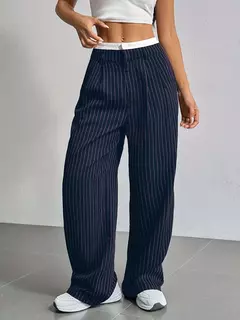 Calças estampadas listradas, moda feminina, cintura alta, perna reta, com bolso - comprar online