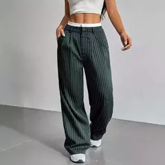 Calças estampadas listradas, moda feminina, cintura alta, perna reta, com bolso - loja online