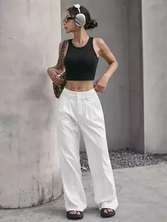 Calças estampadas listradas, moda feminina, cintura alta, perna reta, com bolso - Show Drop