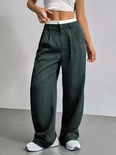 Calças estampadas listradas, moda feminina, cintura alta, perna reta, com bolso - comprar online
