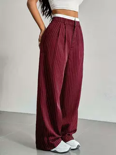 Imagem do Calças estampadas listradas, moda feminina, cintura alta, perna reta, com bolso