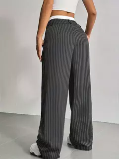 Calças estampadas listradas, moda feminina, cintura alta, perna reta, com bolso