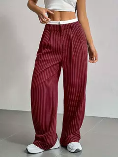 Calças estampadas listradas, moda feminina, cintura alta, perna reta, com bolso - Show Drop