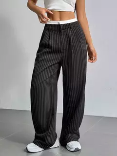Calças estampadas listradas, moda feminina, cintura alta, perna reta, com bolso - comprar online