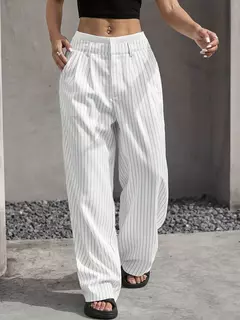 Imagem do Calças estampadas listradas, moda feminina, cintura alta, perna reta, com bolso