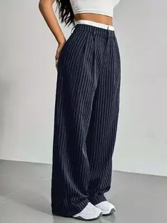 Imagem do Calças estampadas listradas, moda feminina, cintura alta, perna reta, com bolso