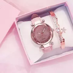 Relógios casuais femininos românticos estrelados céu relógio pulseira de couro