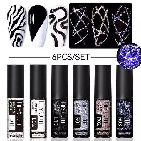 LILYCUTE 6 pçs colorido reflexivo glitter arte do prego forro gel kit de unhas