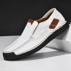 Sapatos masculinos casuais confortáveis deslizamento em mocassins de couro apar - Show Drop