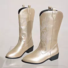 Botas femininas no meio da panturrilha, bota de vaqueiro ocidental pontiagudos p