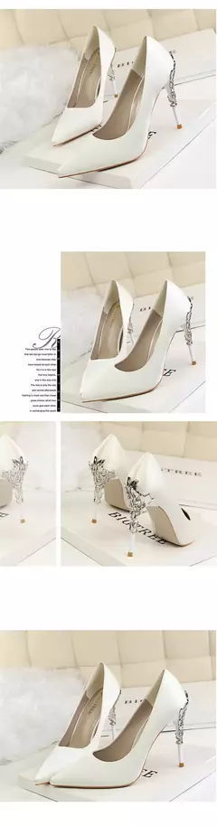 Mulher 10cm salto alto metal saltos finos vestido de seda moda boca rasa dedo do na internet