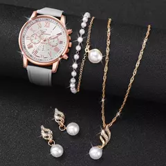 Imagem do 3/5 PCS Relógio Feminino Moda Roma Dial Pulseira de Couro Relógios de Quartzo