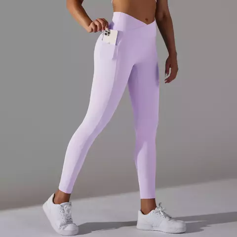 Cintura cruzada mulheres legging calças de yoga com bolsos correndo ciclismo le