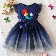 O vestido da pequena princesa sereia para menina, mangas voadoras, vestido de la