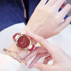 Relógios casuais femininos românticos estrelados céu relógio pulseira de couro - Show Drop