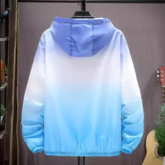 Jaqueta gradiente de cor masculina com capuz, corte-vento fino, gola alta.