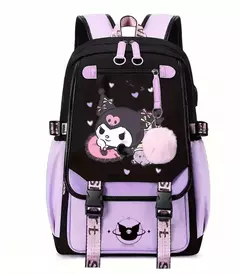 Purple Kuromi Melody School Bags para homens e mulheres, USB, Capacidade Laptop