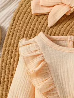 Bebê menina plissado manga manga comprida blusa arco frente macacão, macacão na internet