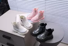 Outono crianças espelho botas de couro meninas malha botas curtas pequena princesa - Show Drop
