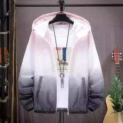 Jaqueta gradiente de cor masculina com capuz, corte-vento fino, gola alta. - loja online