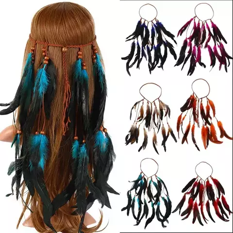 Tiara étnica tribal indiana, boêmia, artesanal, contas de madeira, penas, coloridas - comprar online