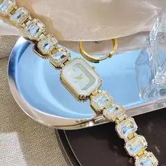 Feminino grande seção strass corrente retangular cor caso strass dial moda - loja online