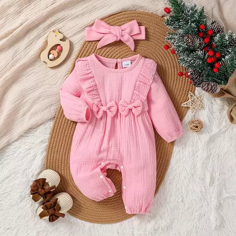 Bebê menina plissado manga manga comprida blusa arco frente macacão, macacão