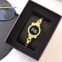 Relógio de pulso em aço inoxidável de luxo para mulheres, relógios de ouro na internet
