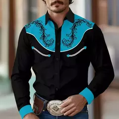 Camisa jeans ocidental yellowstone masculina, padrão de retalhos de dois tons, na internet