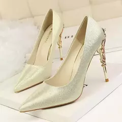Mulher 10cm salto alto metal saltos finos vestido de seda moda boca rasa dedo do