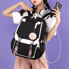 Purple Kuromi Melody School Bags para homens e mulheres, USB, Capacidade Laptop