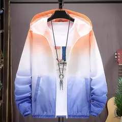 Jaqueta gradiente de cor masculina com capuz, corte-vento fino, gola alta.