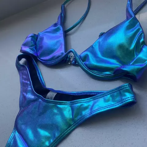 Sexy Triângulo Biquíni 2022 holográfico Azul Push Up Extremo Tanga Swimwear B - comprar online