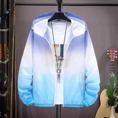 Jaqueta gradiente de cor masculina com capuz, corte-vento fino, gola alta. - loja online